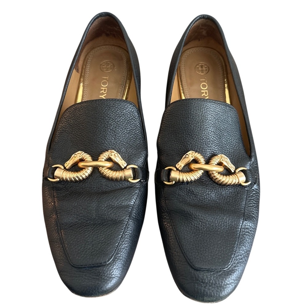 Tory Burch Jessa Horsehead Black Leather Loafers Gold Hardware Size 8